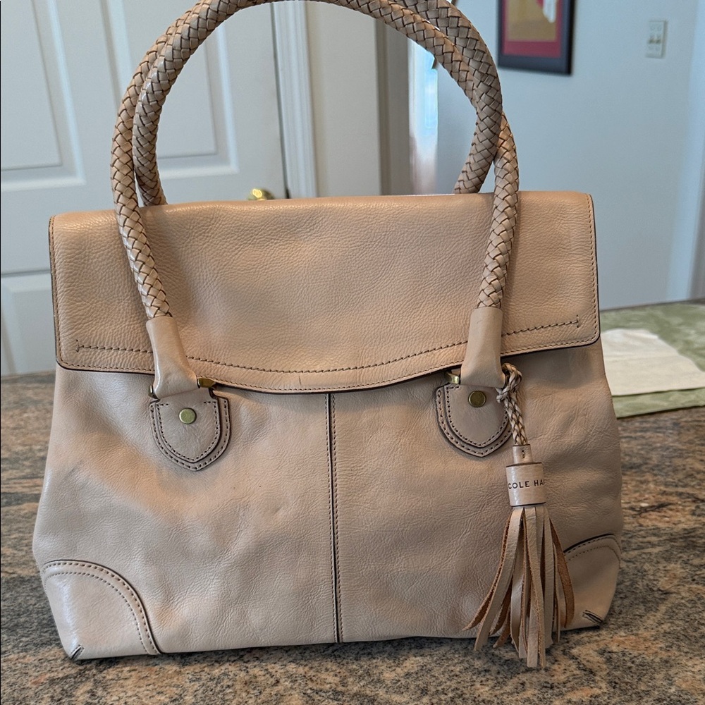 Cole Haan Taupe Braided-Handle Satchel with Tassel